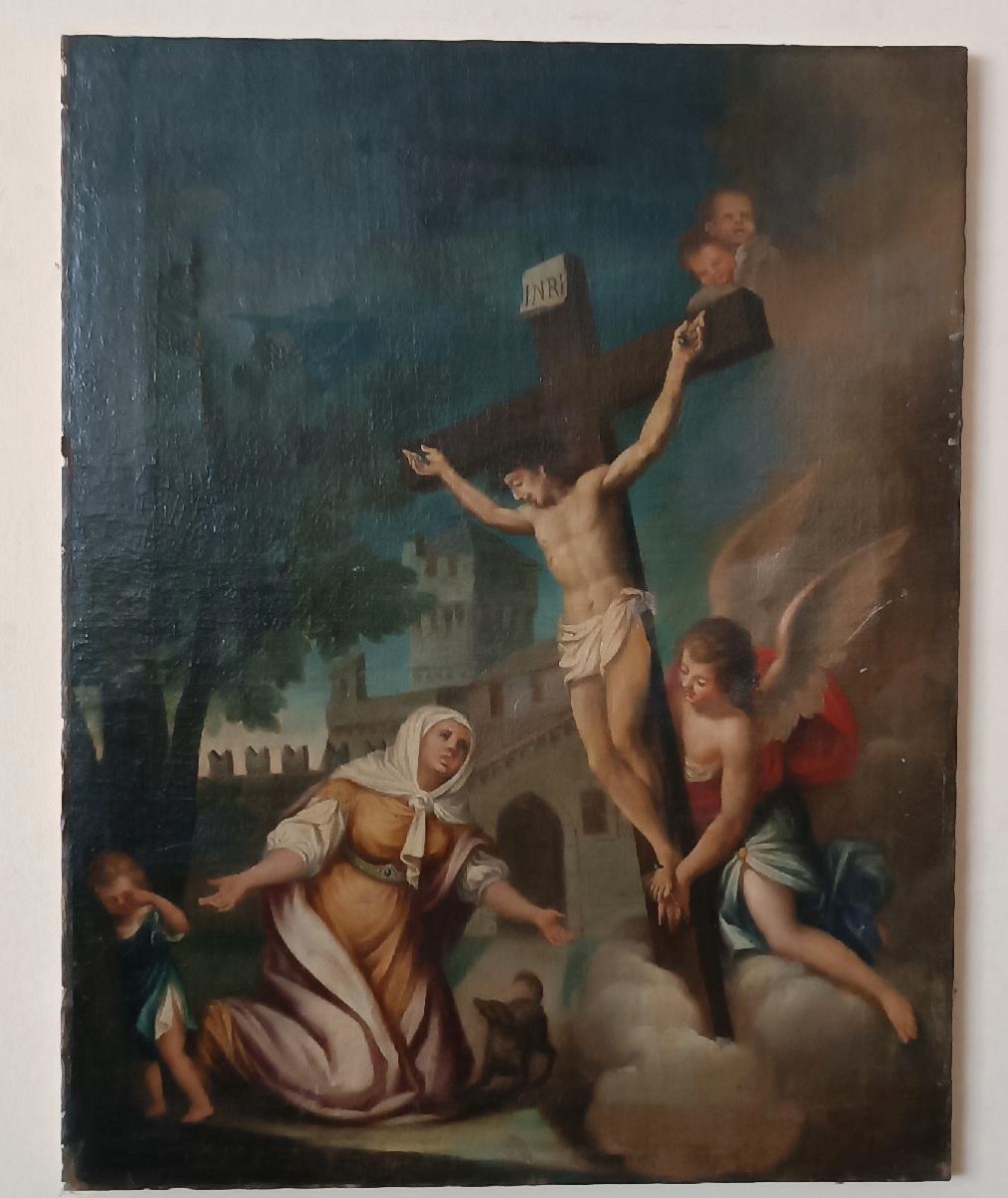 Antico dipinto -olio su tela-crocifissione-scuola italiana XVIII secolo-photo-3