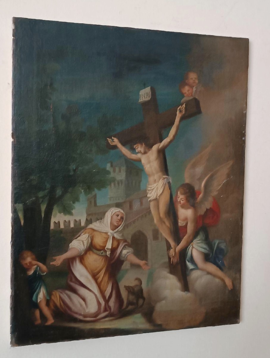 Antico dipinto -olio su tela-crocifissione-scuola italiana XVIII secolo-photo-4