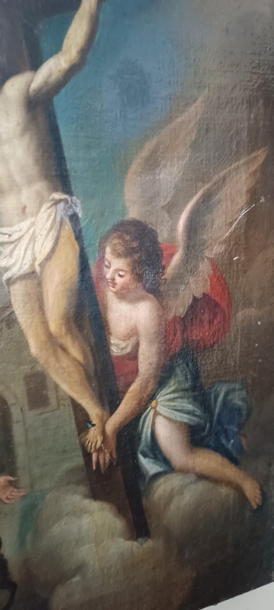 Antico dipinto -olio su tela-crocifissione-scuola italiana XVIII secolo-photo-3