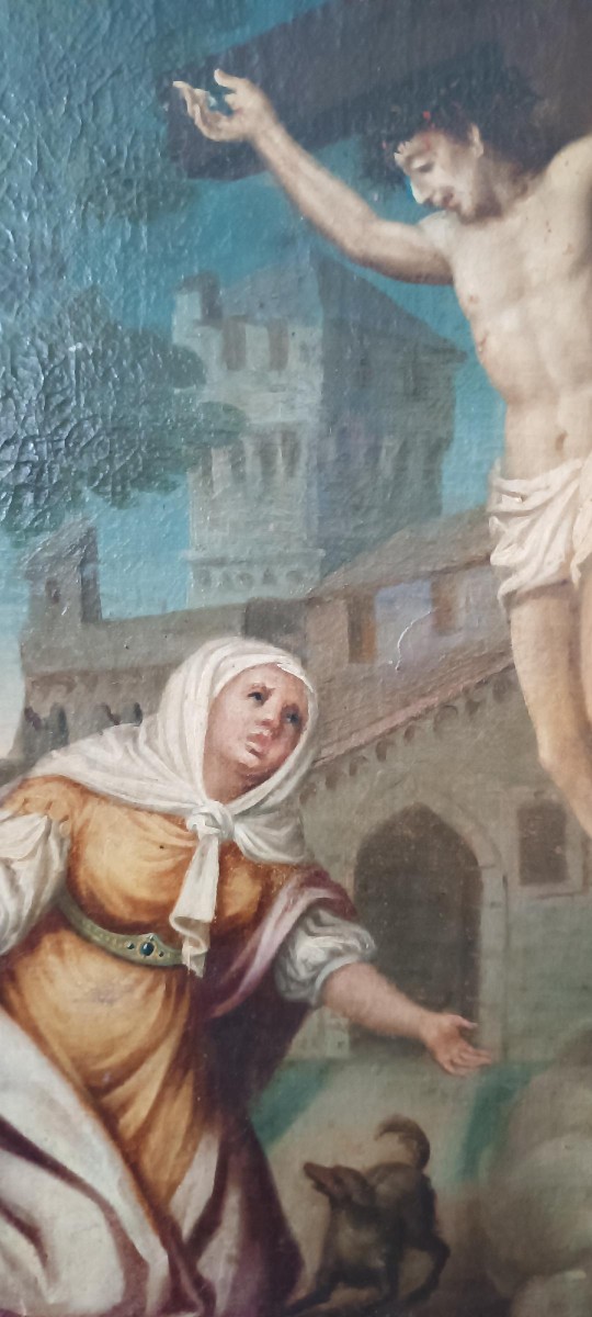Antico dipinto -olio su tela-crocifissione-scuola italiana XVIII secolo-photo-4