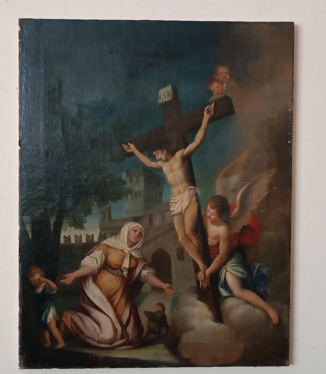 Antico dipinto -olio su tela-crocifissione-scuola italiana XVIII secolo-photo-8