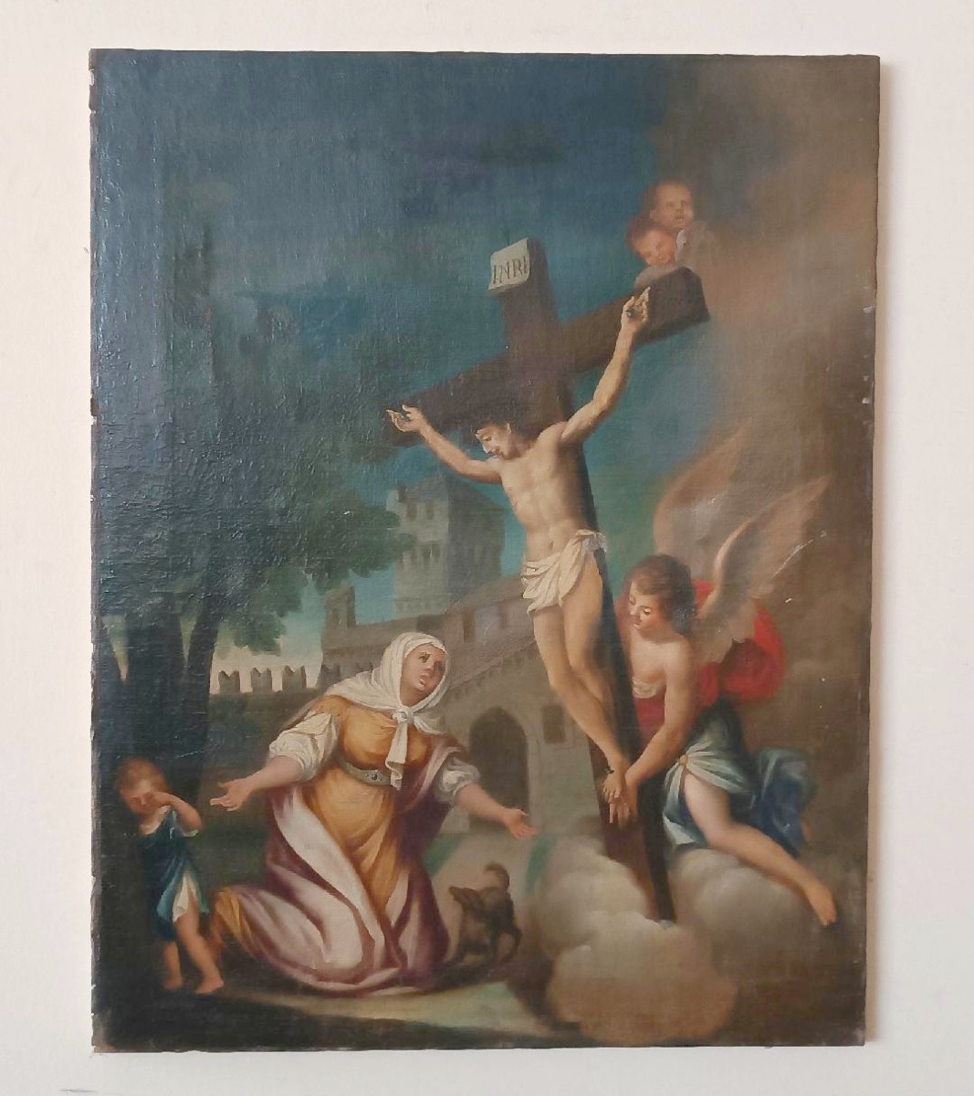 Antico dipinto -olio su tela-crocifissione-scuola italiana XVIII secolo