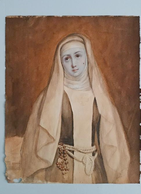 dipinto antico acquerello raffigurante SANTA CATERINA DA SIENA XIX secolo-photo-2