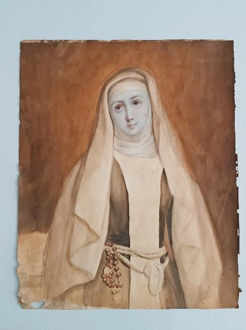 dipinto antico acquerello raffigurante SANTA CATERINA DA SIENA XIX secolo