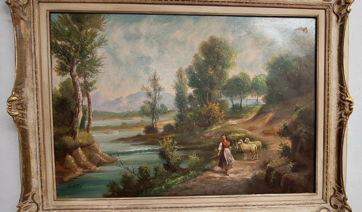 GIUSEPPE GUIDI (1881-1931) GRANDE DIPINTO OLIO SU TELA PAESAGGIO CON FIGURE-photo-2