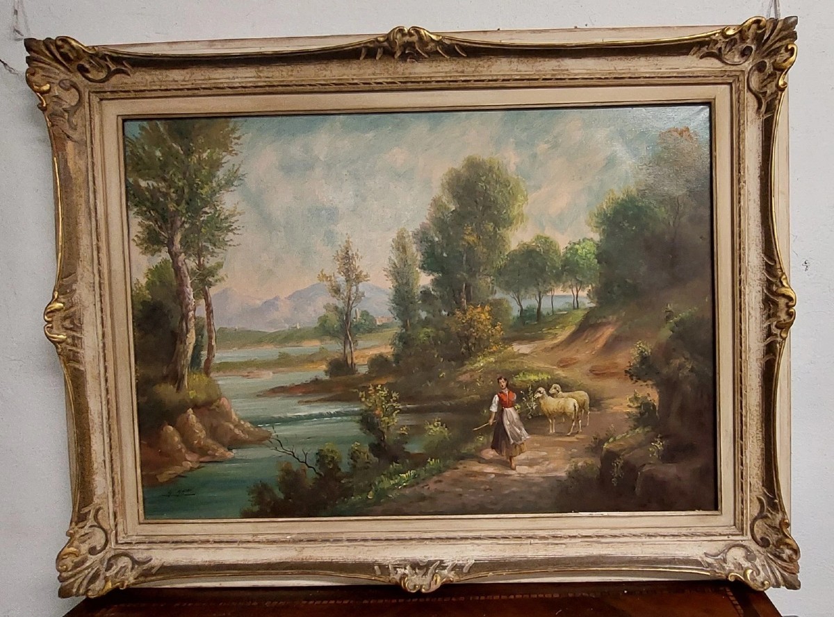 GIUSEPPE GUIDI (1881-1931) GRANDE DIPINTO OLIO SU TELA PAESAGGIO CON FIGURE-photo-3