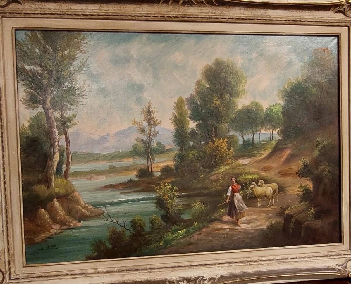 GIUSEPPE GUIDI (1881-1931) GRANDE DIPINTO OLIO SU TELA PAESAGGIO CON FIGURE-photo-4