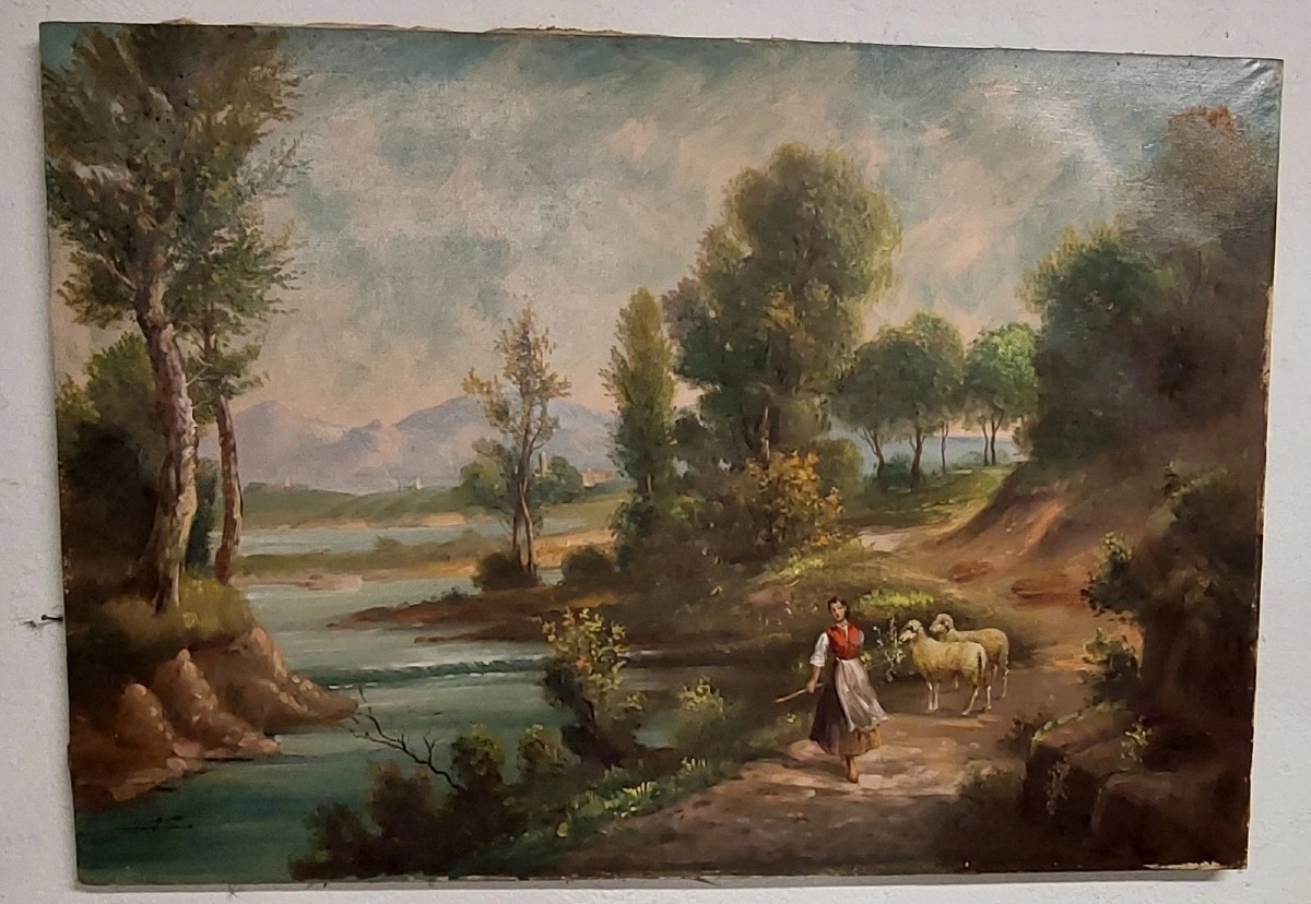 GIUSEPPE GUIDI (1881-1931) GRANDE DIPINTO OLIO SU TELA PAESAGGIO CON FIGURE-photo-1