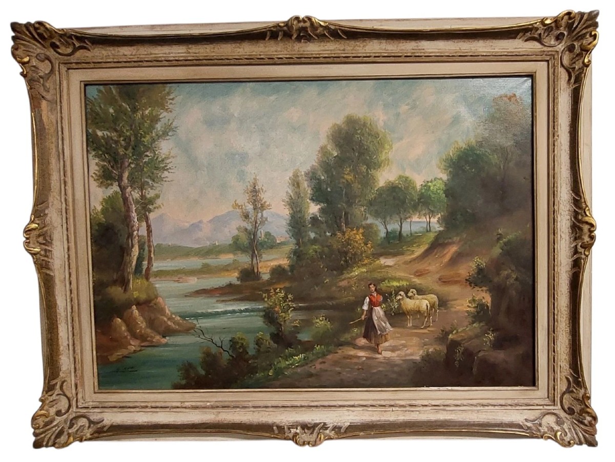 GIUSEPPE GUIDI (1881-1931) GRANDE DIPINTO OLIO SU TELA PAESAGGIO CON FIGURE
