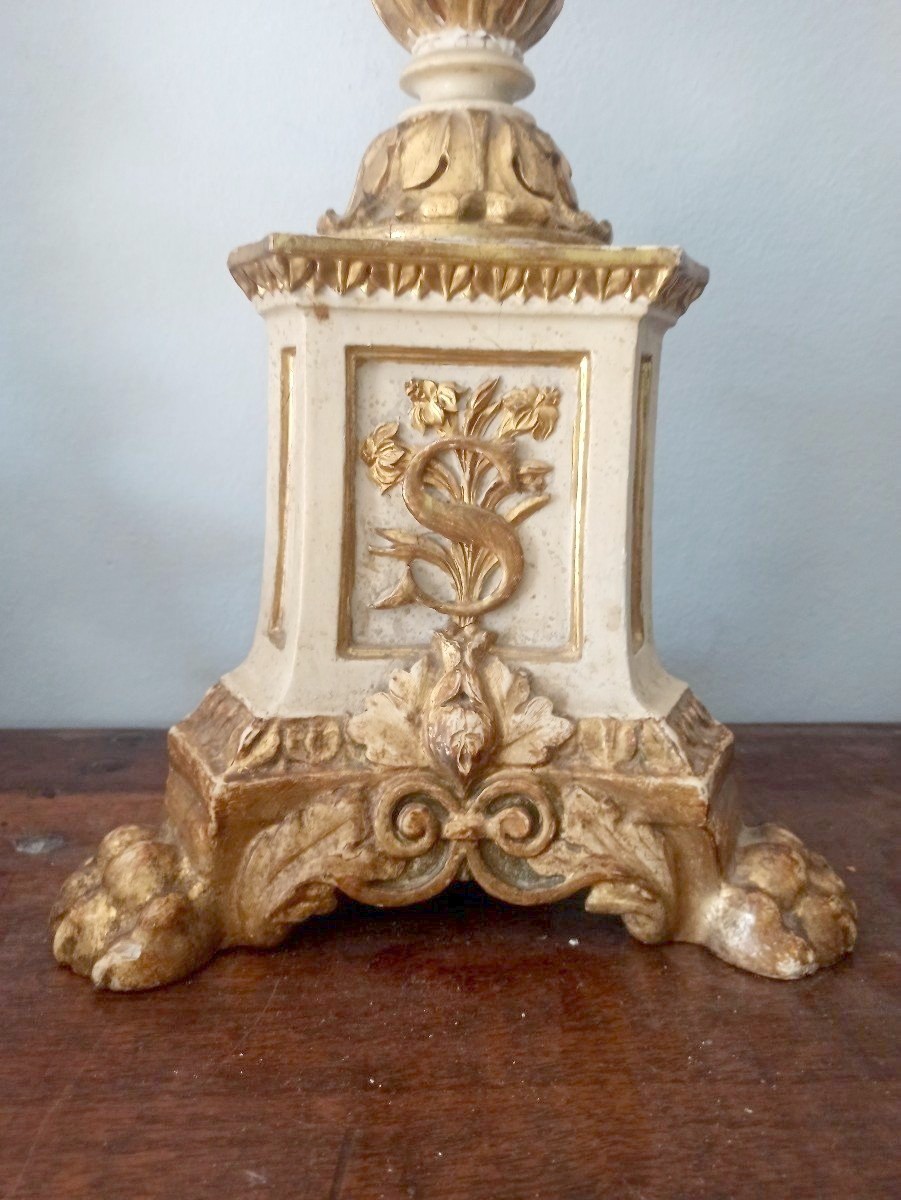 CANDELIERE LEGNO LACCATO DORATO FINE 700 h.80 cm-photo-2
