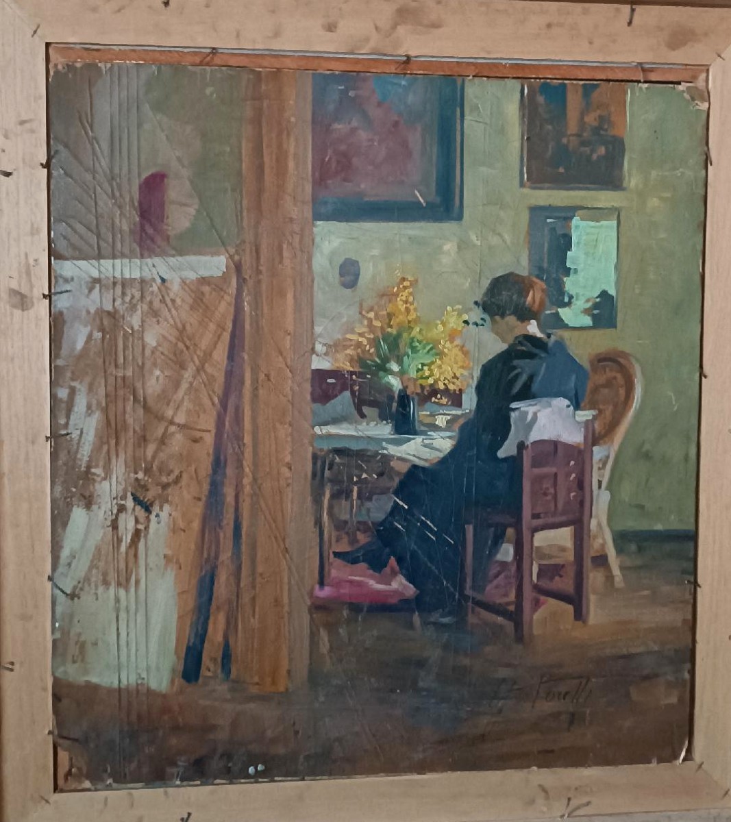 Olio su tela ritratto anni 20-dipinto sul retro -Giuseppe Torelli ( 1881 -1959 )-photo-3