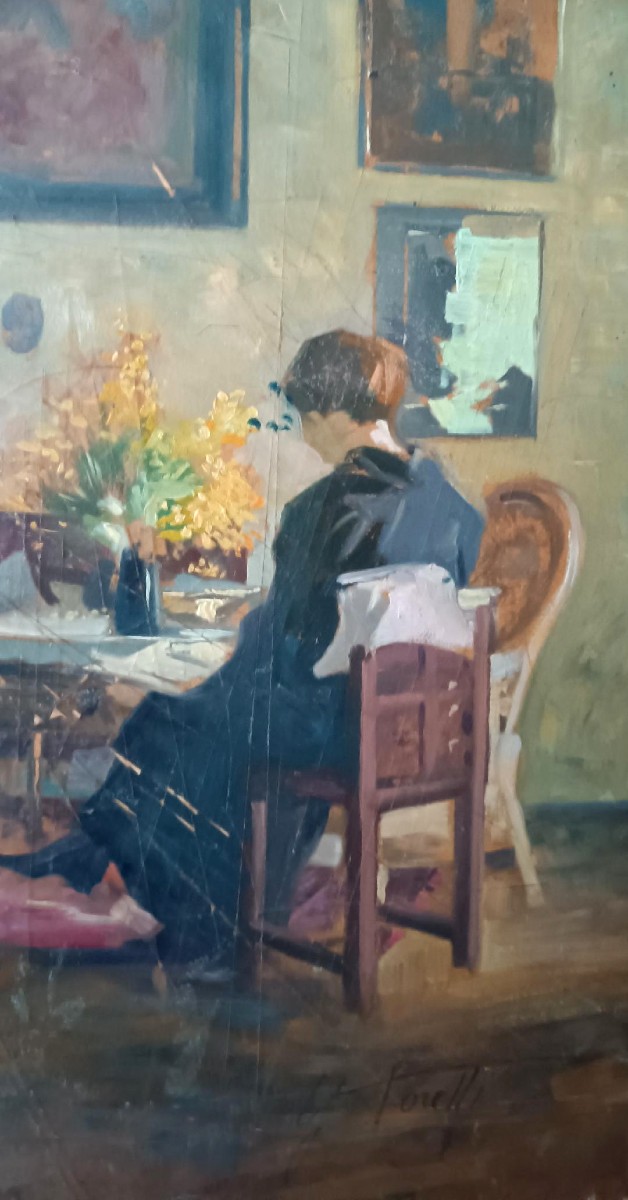Olio su tela ritratto anni 20-dipinto sul retro -Giuseppe Torelli ( 1881 -1959 )-photo-4