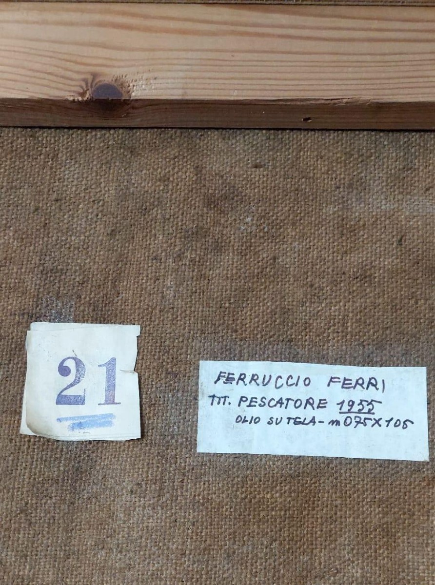 GRANDE Olio su tela FERRUCCIO FERRI -1955 - "IL PESCATORE" TELA 105X75 CM-photo-4
