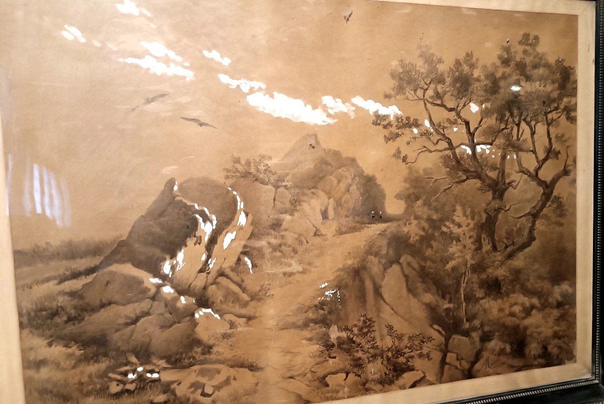 Grande dipinto paesaggio,tecnica mista biacca ,XIX secolo  A.MARIOTTI-photo-3