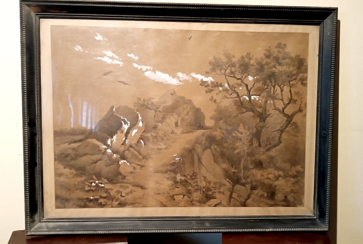 Grande dipinto paesaggio,tecnica mista biacca ,XIX secolo  A.MARIOTTI
