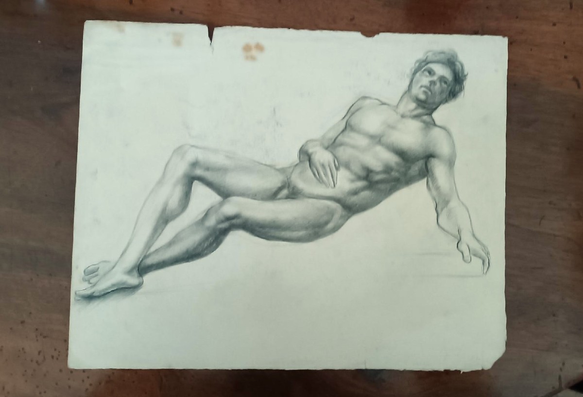 disegno nudo virile antico matita su carta XIX secolo scuola toscana-photo-2