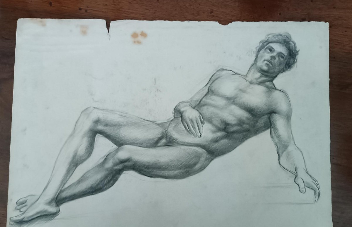disegno nudo virile antico matita su carta XIX secolo scuola toscana-photo-3