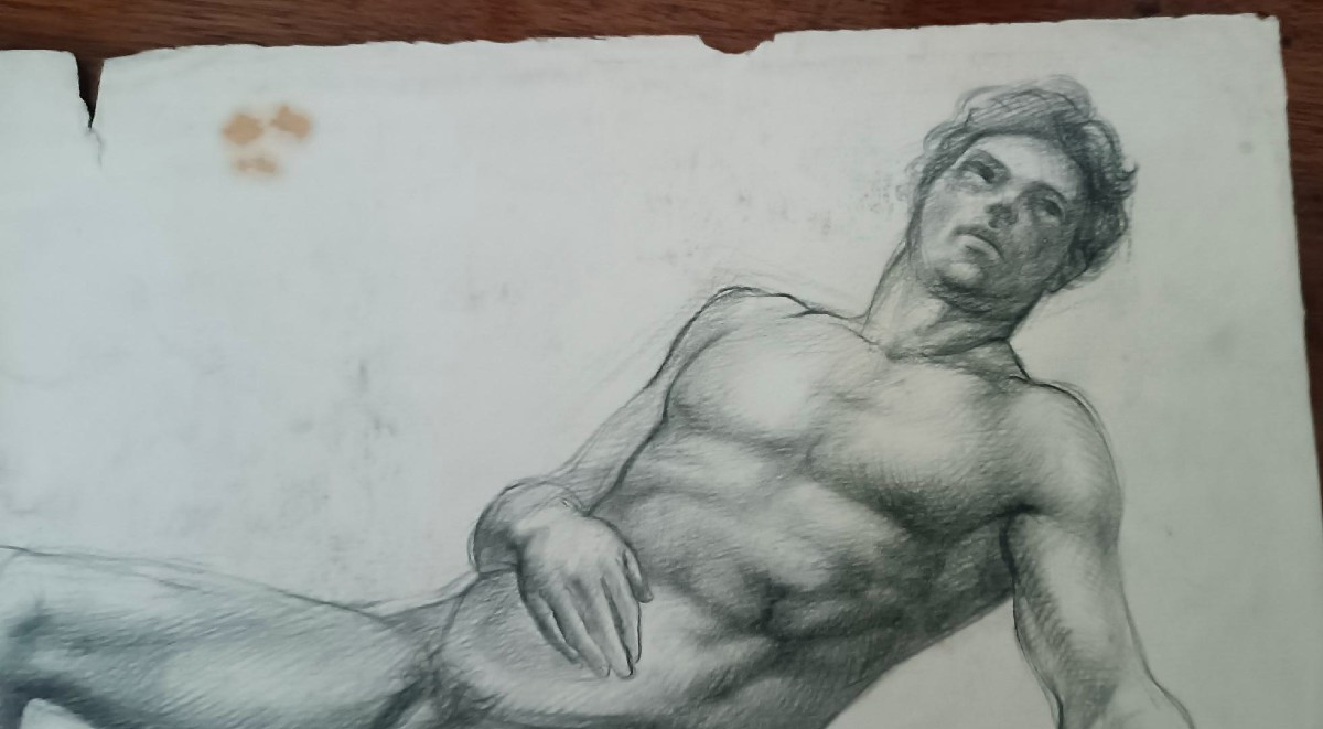 disegno nudo virile antico matita su carta XIX secolo scuola toscana-photo-1