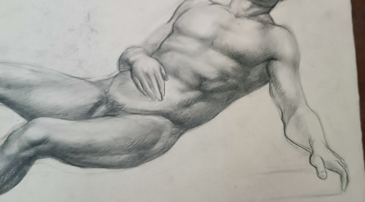 disegno nudo virile antico matita su carta XIX secolo scuola toscana-photo-2