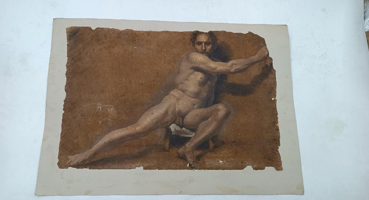 Disegno tecnica mista pergamena studio - Nudo attribuito Adolfo Visconti 1850-1924