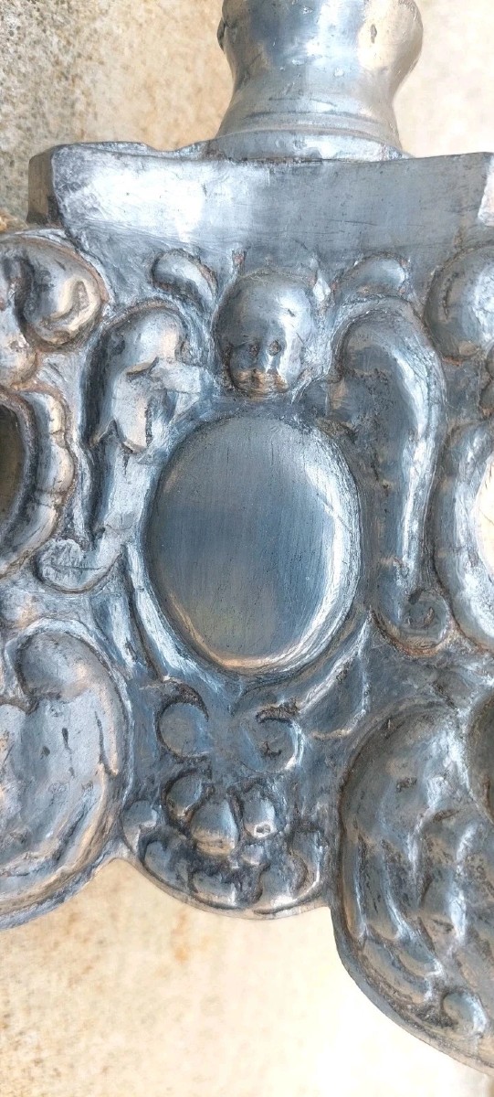 ANTICO CANDELIERE PELTRO BAROCCO LUIGI XIV ORIGINALE XVIII SECOLO-photo-2