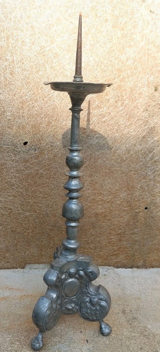 ANTICO CANDELIERE PELTRO BAROCCO LUIGI XIV ORIGINALE XVIII SECOLO-photo-4