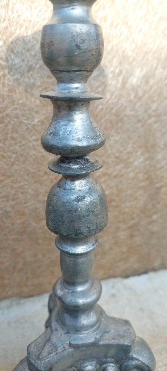 ANTICO CANDELIERE PELTRO BAROCCO LUIGI XIV ORIGINALE XVIII SECOLO-photo-1