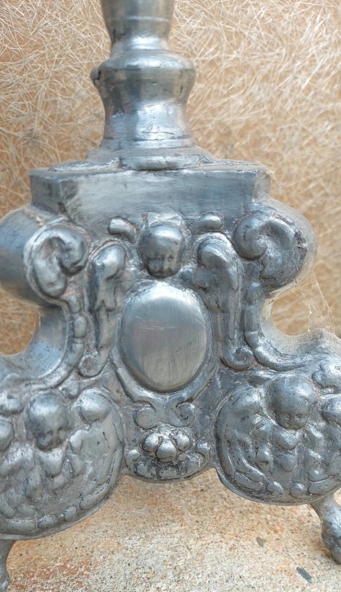 ANTICO CANDELIERE PELTRO BAROCCO LUIGI XIV ORIGINALE XVIII SECOLO-photo-3