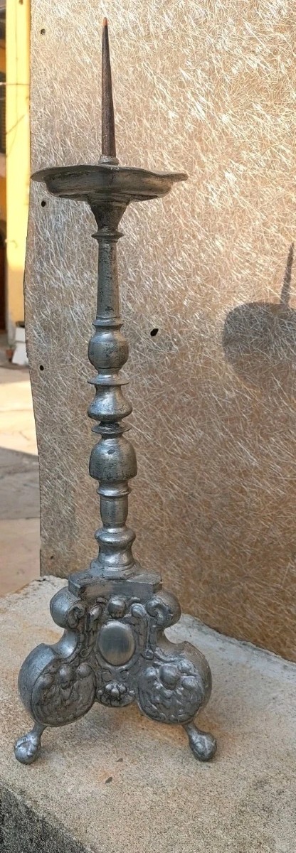 ANTICO CANDELIERE PELTRO BAROCCO LUIGI XIV ORIGINALE XVIII SECOLO-photo-5