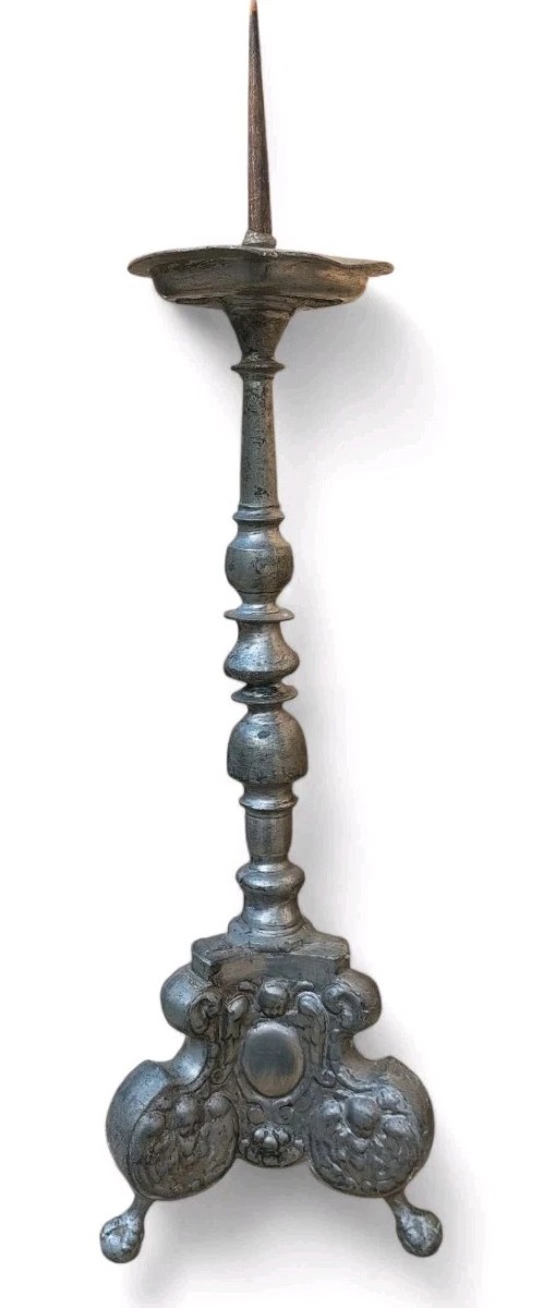 ANTICO CANDELIERE PELTRO BAROCCO LUIGI XIV ORIGINALE XVIII SECOLO