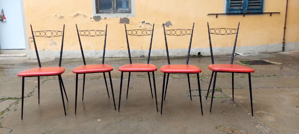 Gruppo 5 Sedie design anni 50/60  ,   Ferro con  schi ottone -photo-2