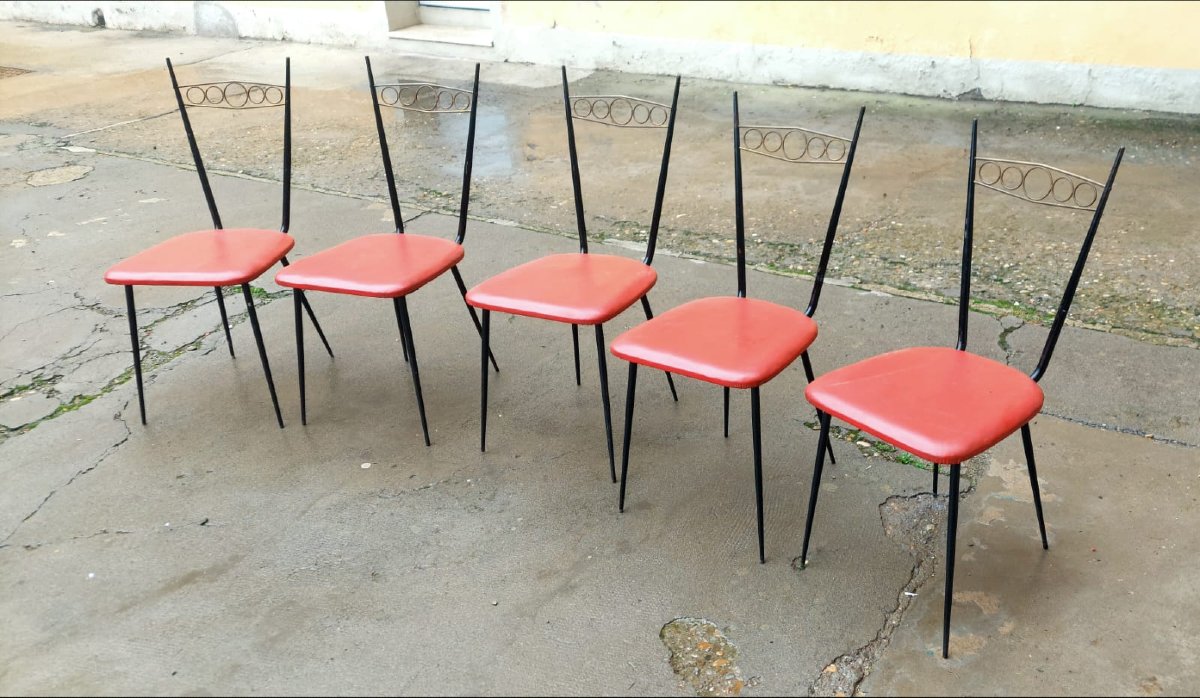 Gruppo 5 Sedie design anni 50/60  ,   Ferro con  schi ottone -photo-4