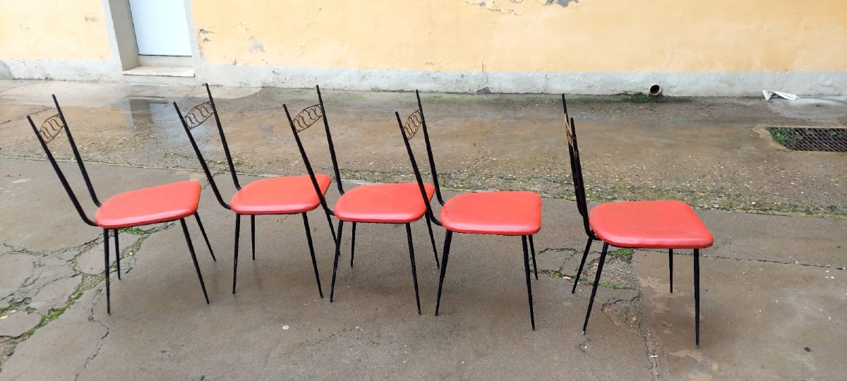Gruppo 5 Sedie design anni 50/60  ,   Ferro con  schi ottone -photo-5
