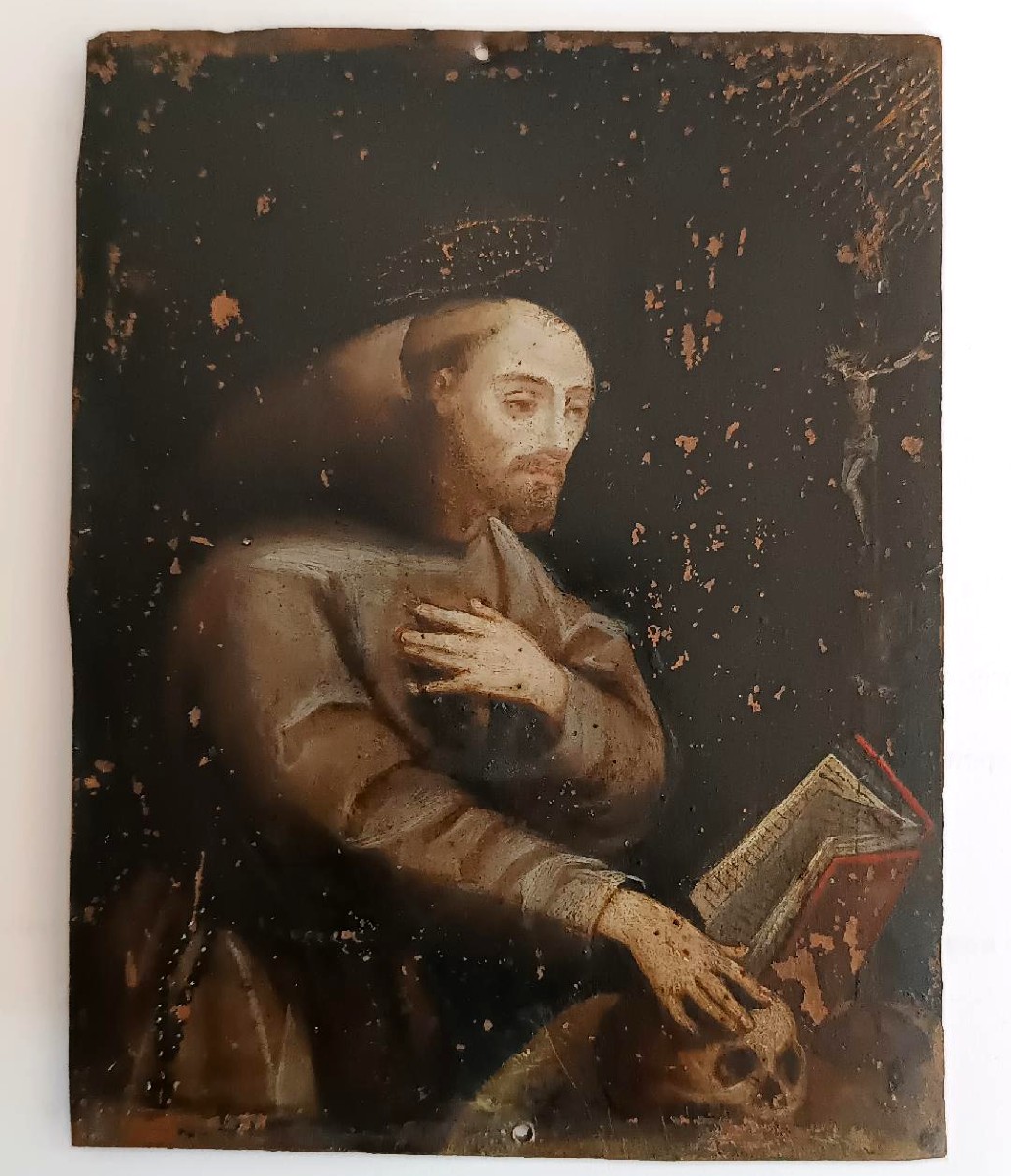 Antico dipinto su rame scuola italiana XVII secolo-SAN FRANCESCO-photo-2