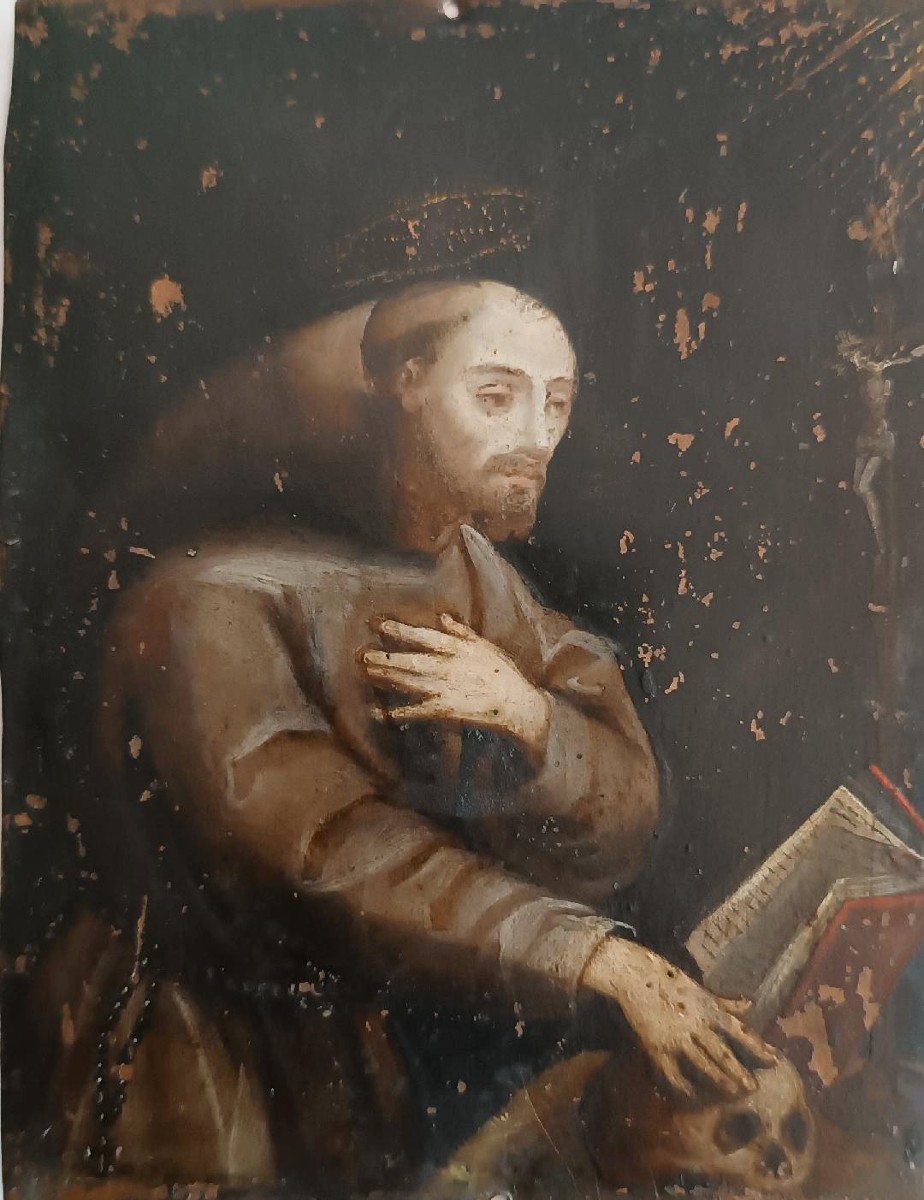 Antico dipinto su rame scuola italiana XVII secolo-SAN FRANCESCO-photo-3
