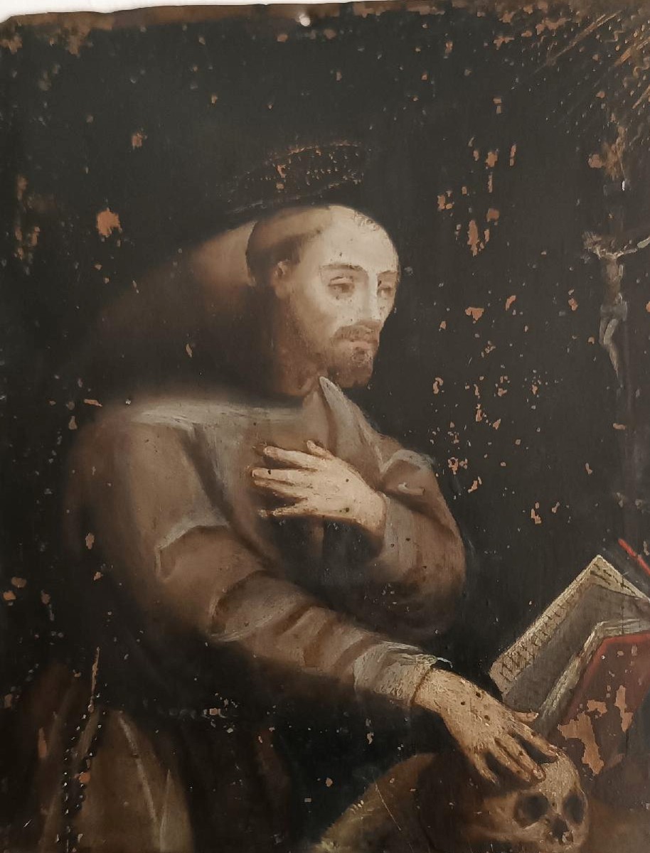 Antico dipinto su rame scuola italiana XVII secolo-SAN FRANCESCO-photo-3