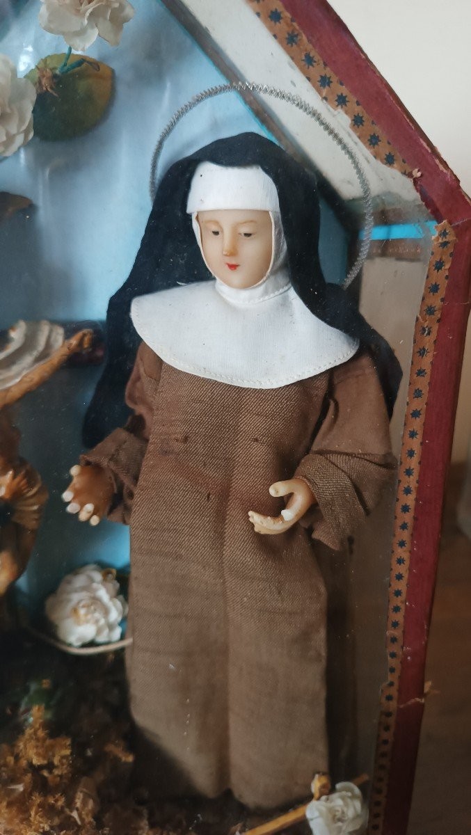 TECA CON SANTA CHIARA D'ASSISI  E CRISTO IN CERA XIX SECOLO-photo-2