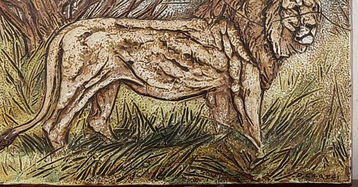 LEONE FORMELLA TERRACOTTA SMALTATA DANILO CARTEI (SIGNA 1920-2002) -60X40 CM-photo-3