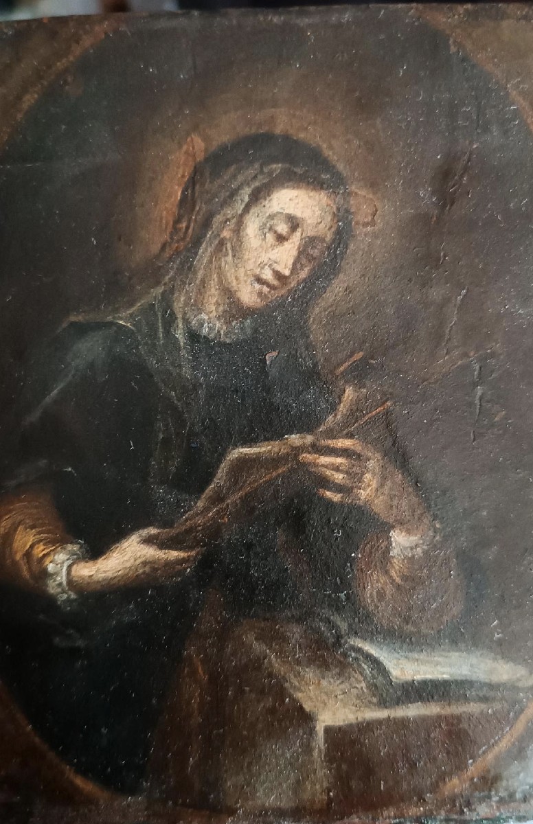 Antico piccolo dipinto su tavola raffigurante santa con crocifisso-scuola italiana XVII secolo-photo-4