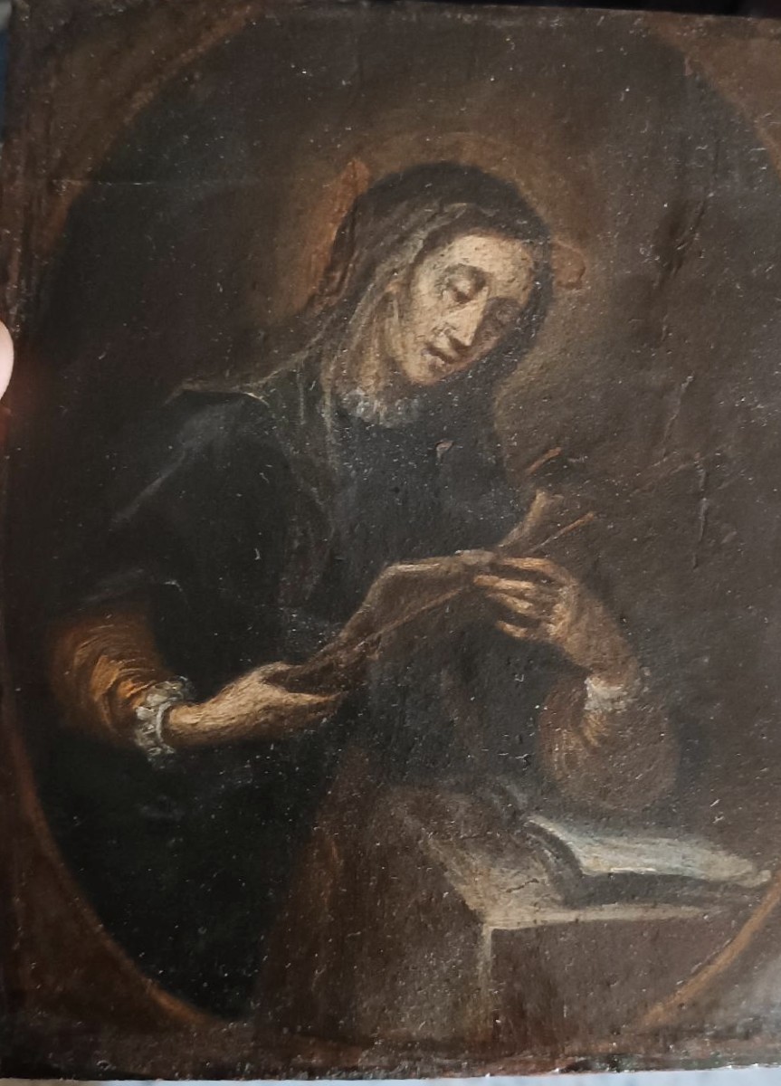 Antico piccolo dipinto su tavola raffigurante santa con crocifisso-scuola italiana XVII secolo-photo-2
