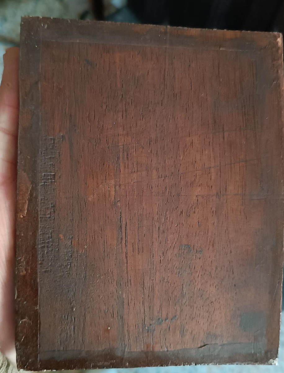 Antico piccolo dipinto su tavola raffigurante santa con crocifisso-scuola italiana XVII secolo-photo-3