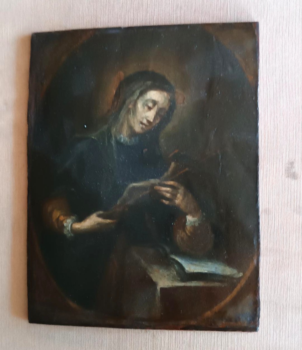 Antico piccolo dipinto su tavola raffigurante santa con crocifisso-scuola italiana XVII secolo