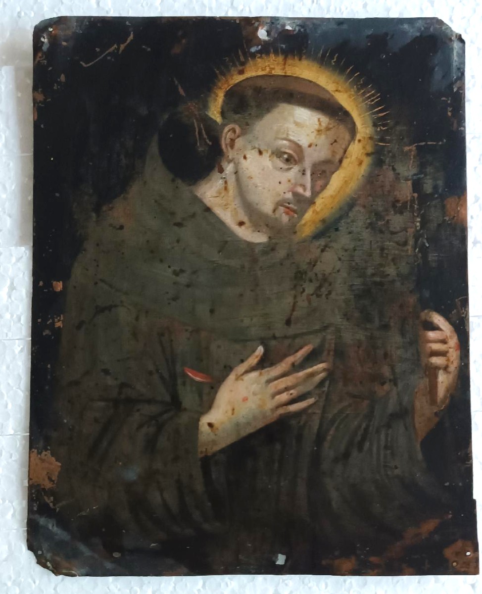 Scuola francese XVII/XVIII San Francesco che tiene in mano il crocifisso Olio su rame con iscri-photo-4