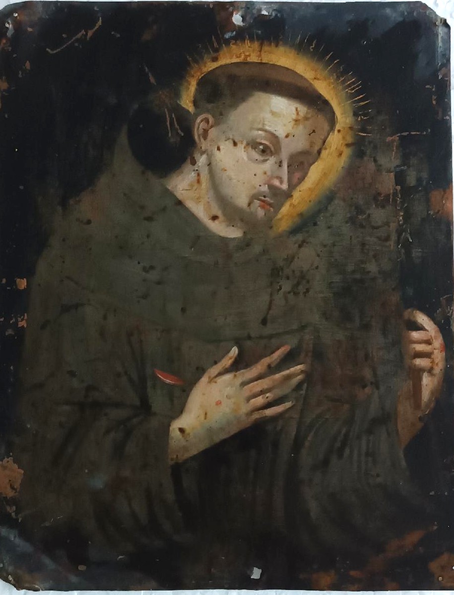 Scuola francese XVII/XVIII San Francesco che tiene in mano il crocifisso Olio su rame con iscri-photo-1
