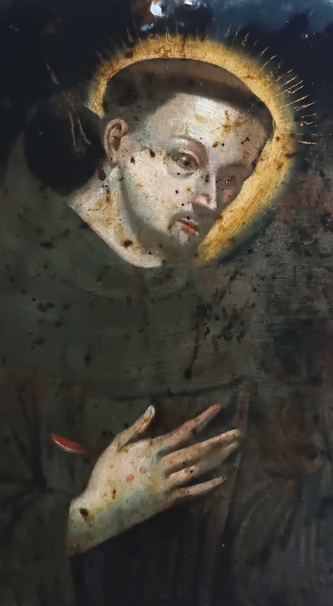 Scuola francese XVII/XVIII San Francesco che tiene in mano il crocifisso Olio su rame con iscri-photo-2