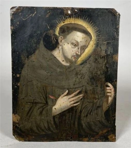 Scuola francese XVII/XVIII San Francesco che tiene in mano il crocifisso Olio su rame con iscri