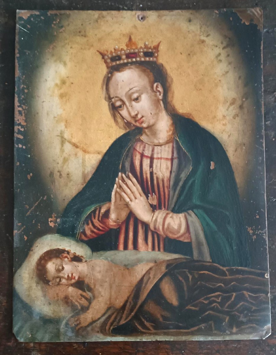 Antico dipinto su rame -XVII\XVIII secolo-Madonna con bambino dormiente-photo-2