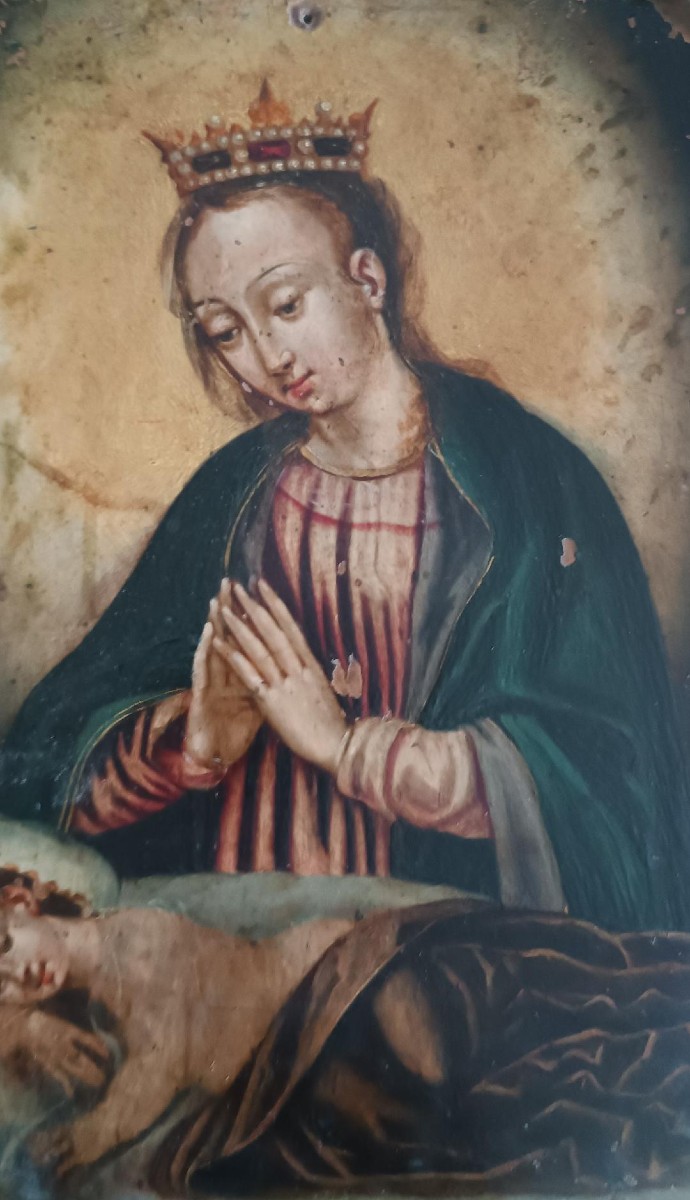 Antico dipinto su rame -XVII\XVIII secolo-Madonna con bambino dormiente-photo-3