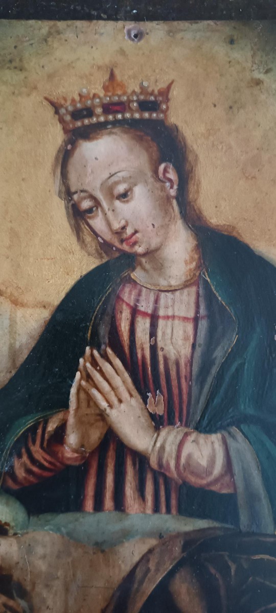 Antico dipinto su rame -XVII\XVIII secolo-Madonna con bambino dormiente-photo-4