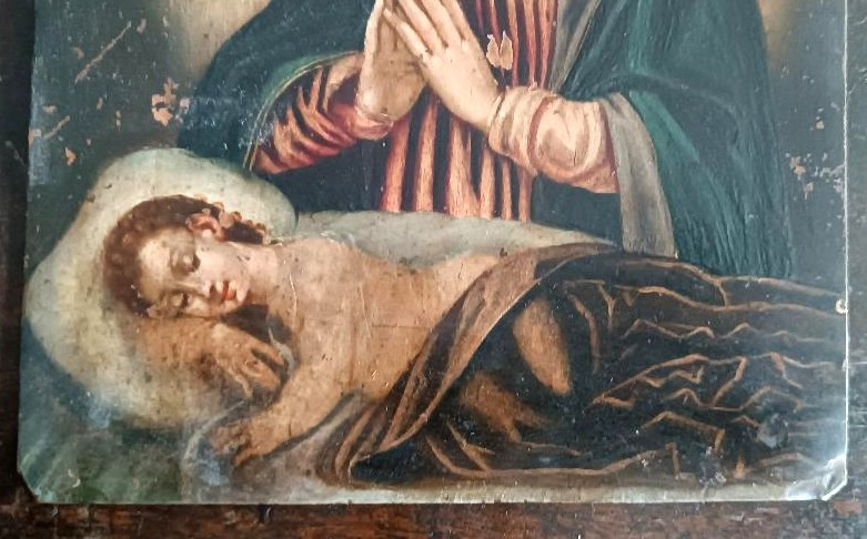 Antico dipinto su rame -XVII\XVIII secolo-Madonna con bambino dormiente-photo-2